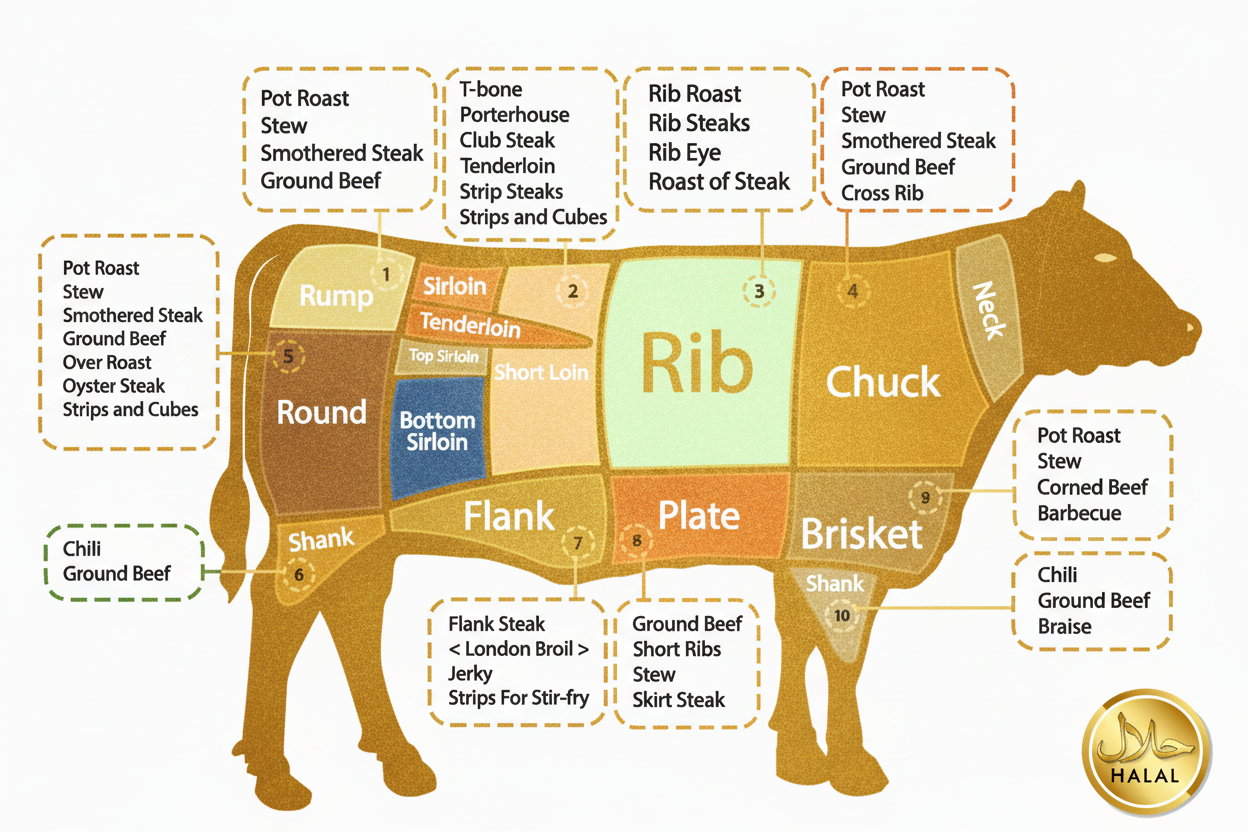 Gold Beef Cuts Diagram with Halal Badge