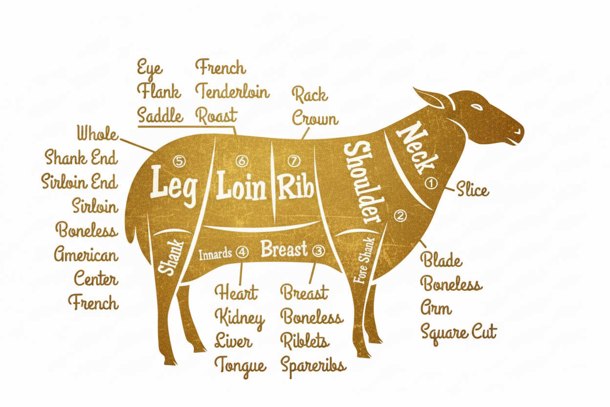 Gold Lamb Butcher Cuts Diagram – No Logo